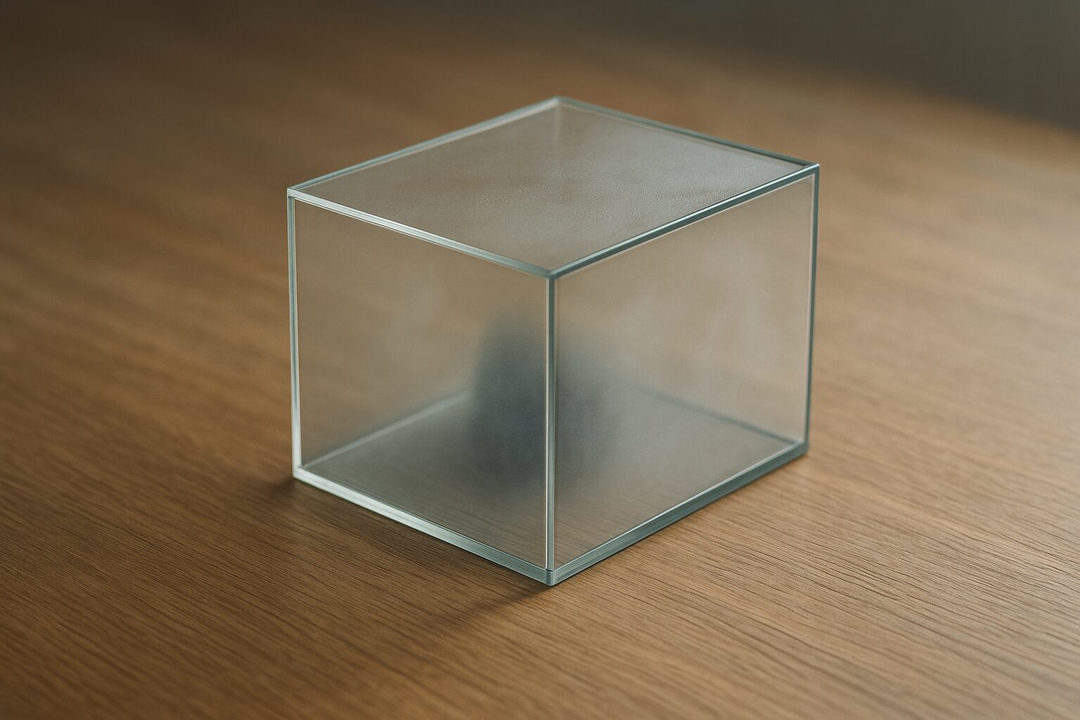 透明なケースに柔らかな光が差し込む、湿気の空気感だけを静かに示したシーン