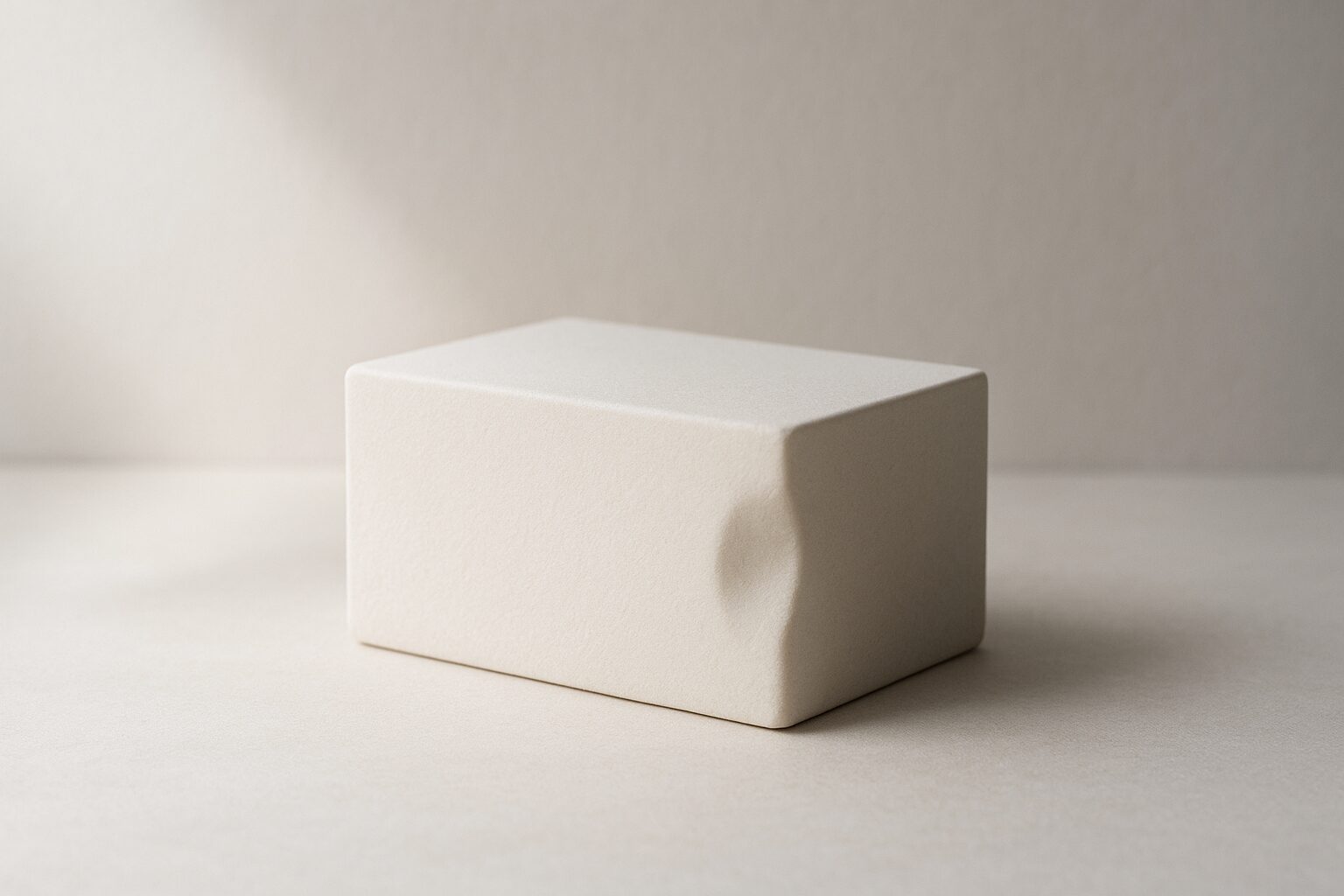柔らかなへこみがついた白い直方体を静かな光で写したミニマルな写真