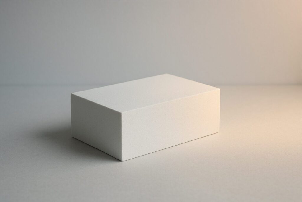 白い素材ブロックに光の温度差がそっと現れる実写風の静かな構図
