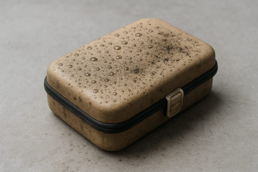 屋外ギアケースの表面に水滴と微細な泥が残り、劣化の入り口となる状態を静かに写した写真