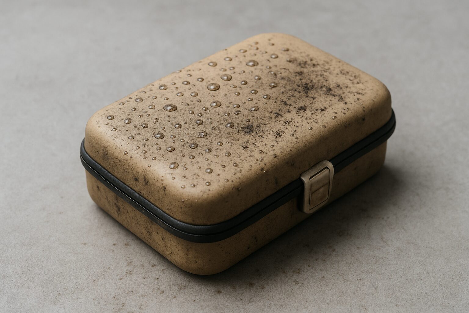 屋外ギアケースの表面に水滴と微細な泥が残り、劣化の入り口となる状態を静かに写した写真